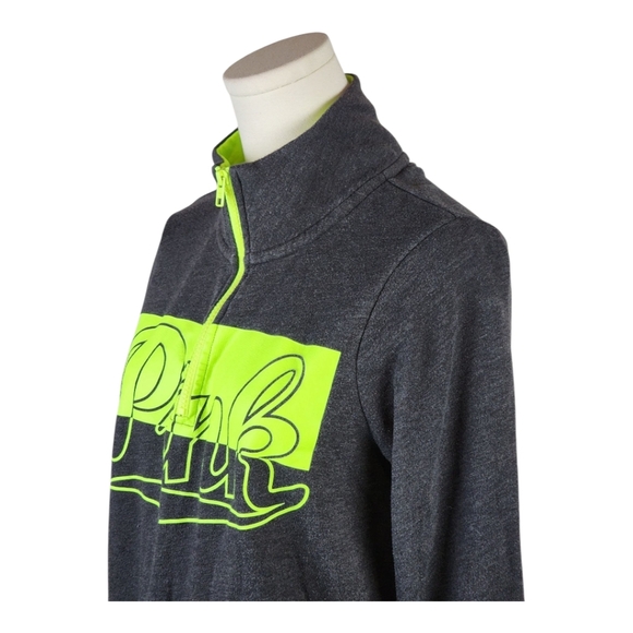 PINK Neon Green Logo Quarter Zip Pullover XS Gray Fleece Sweatshirt Top - Picture 2 of 8